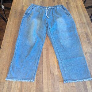 Women's L Light Fade Jeans Frayed Bottom Elastic and Drawstring